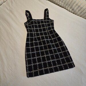 Lulus Black & Gold Grid Tweed Bodycon Mini Dress – XS